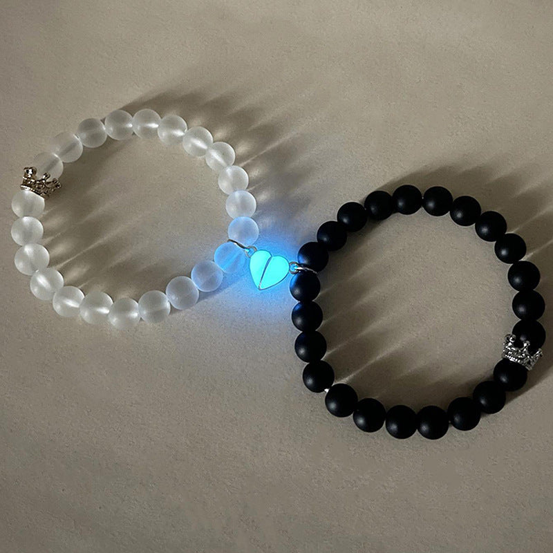 Glow-in-the-Dark Couple Beaded Bracelet – 2pcs Handmade Crown Jewelry Gift