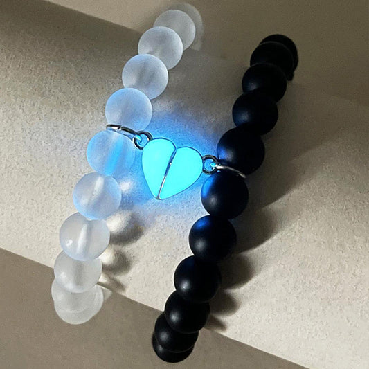 Glow-in-the-Dark Couple Beaded Bracelet – 2pcs Handmade Crown Jewelry Gift