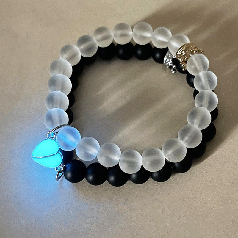 Glow-in-the-Dark Couple Beaded Bracelet – 2pcs Handmade Crown Jewelry Gift