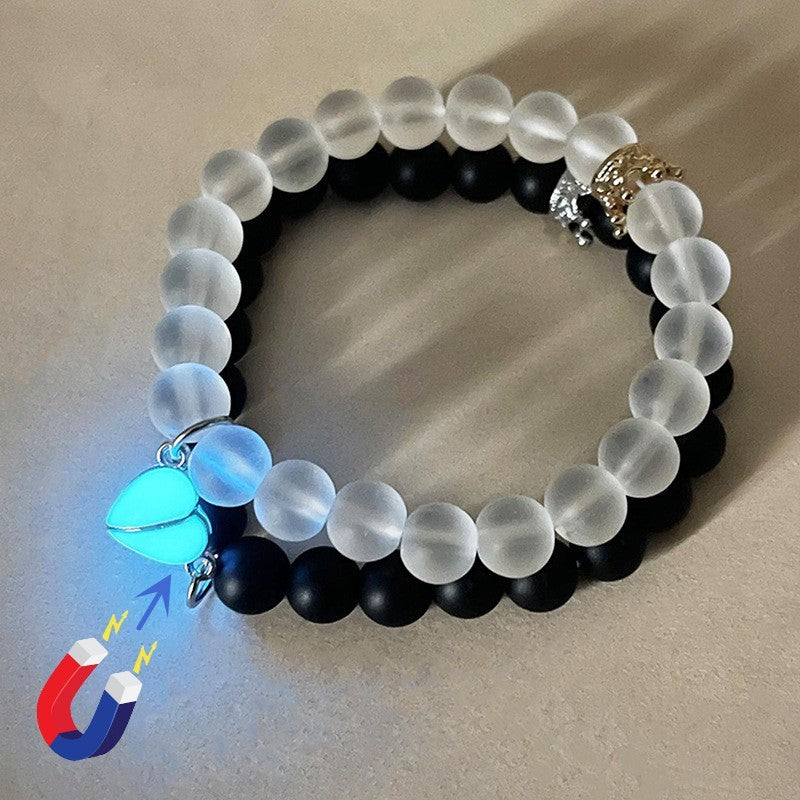 Glow-in-the-Dark Couple Beaded Bracelet – 2pcs Handmade Crown Jewelry Gift