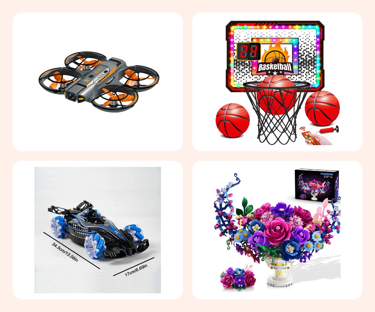 Camera drone, light-up basketball hoop, RC drift car and flower building set